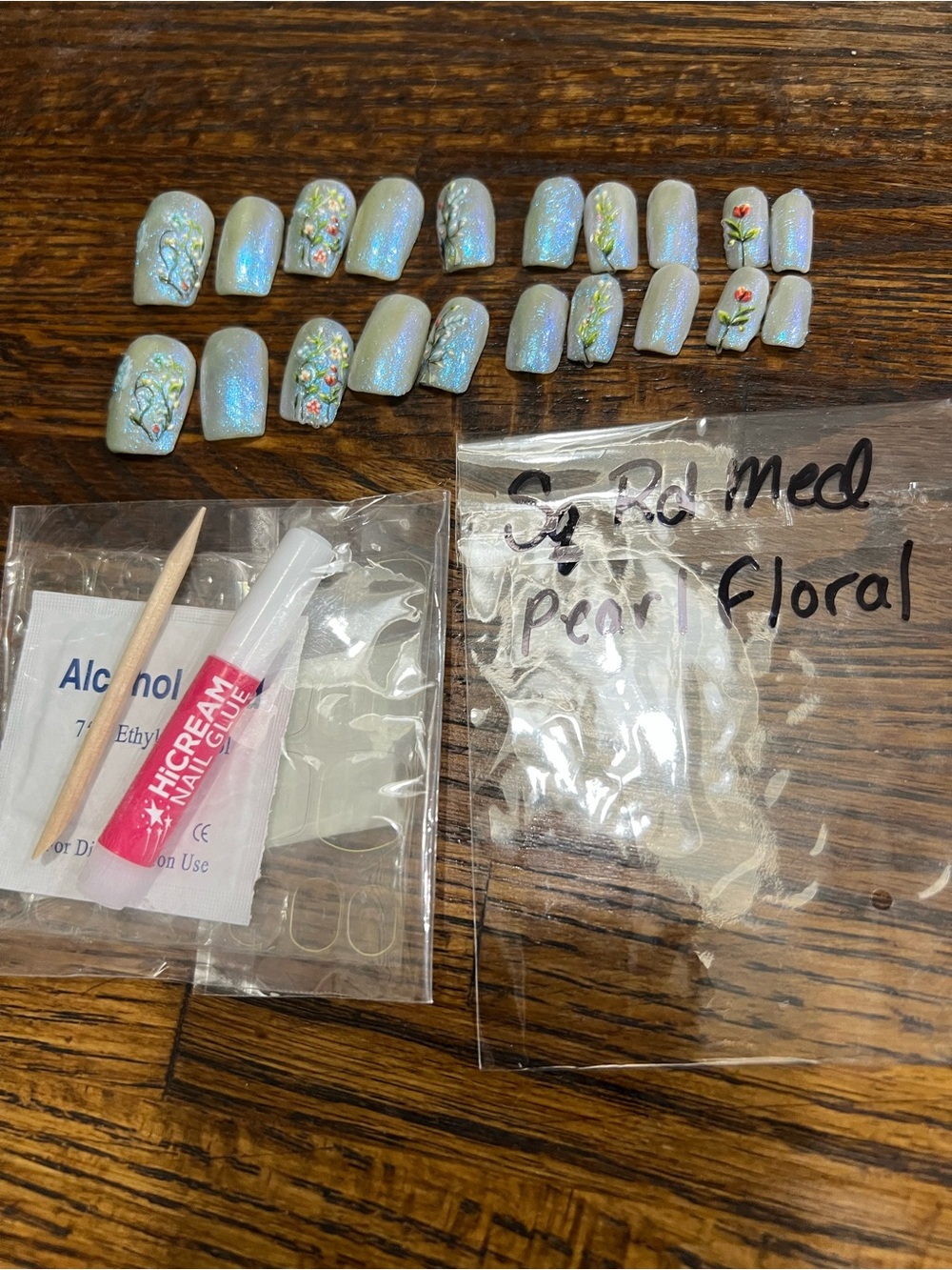 Hand Crafted Pearl Blue Iridescent Floral Press-On Nails